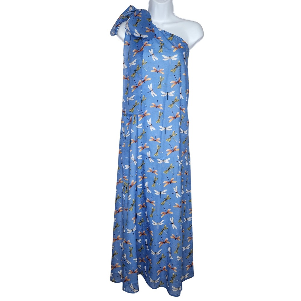 OLIVIA BY LIVRO blue dragonflies Cora one shoulder maxi dress MEDIUM NWT